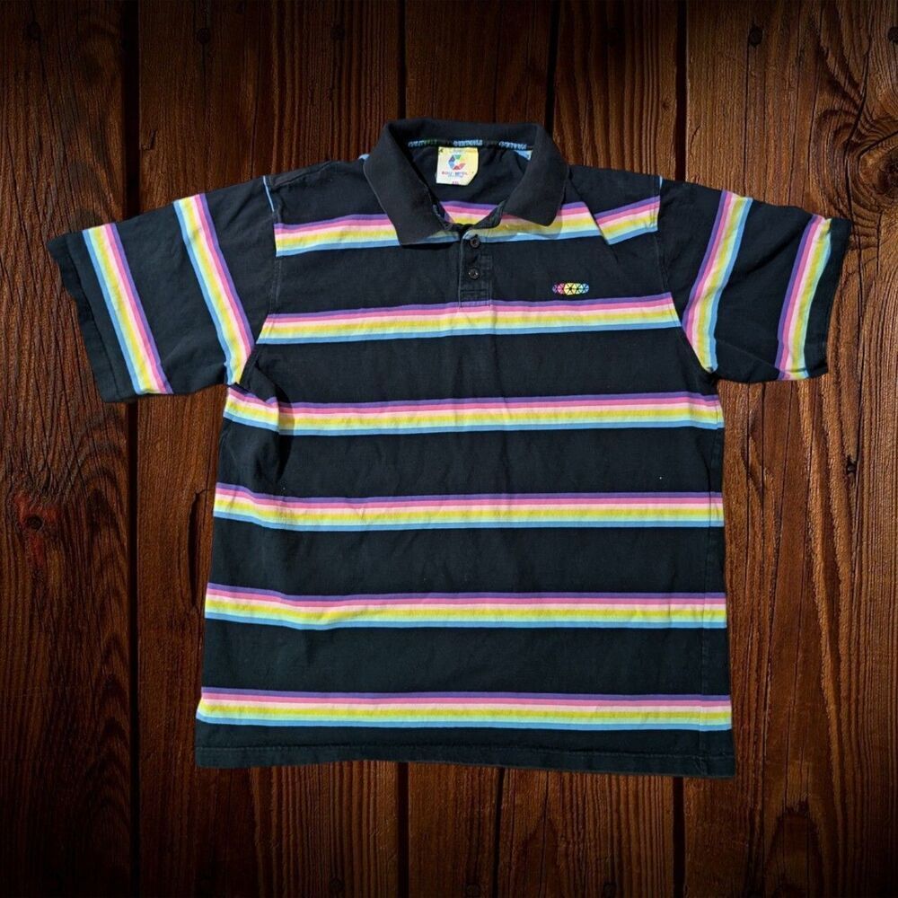 Vintage Y2k South Pole Polo Shirt XXL Striped Black Rainbow STREETWEAR